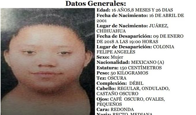 Piden apoyo para localizar a jovencita desaparecida en Ciudad Juarez