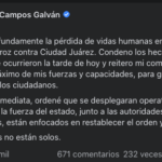Diez horas después Maru Campos se pronuncia por ataques en Juárez
